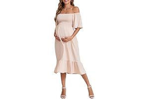 IFFEI Maternity Dress Summer Boho Midi Dress Off Shoulder Smocked Casual Dress Baby Shower Photoshoot