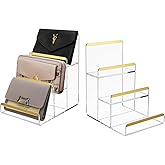 2 Pack 3-Tier Purse Display Stands, Acrylic Wallet Holder Risers Stand, 2-Inch Spacing Clear Clutch Rack Handbag Display Shelf, 4MM Thick Counter Wallet Organizer for Figure Sunglasses Retail Vendor