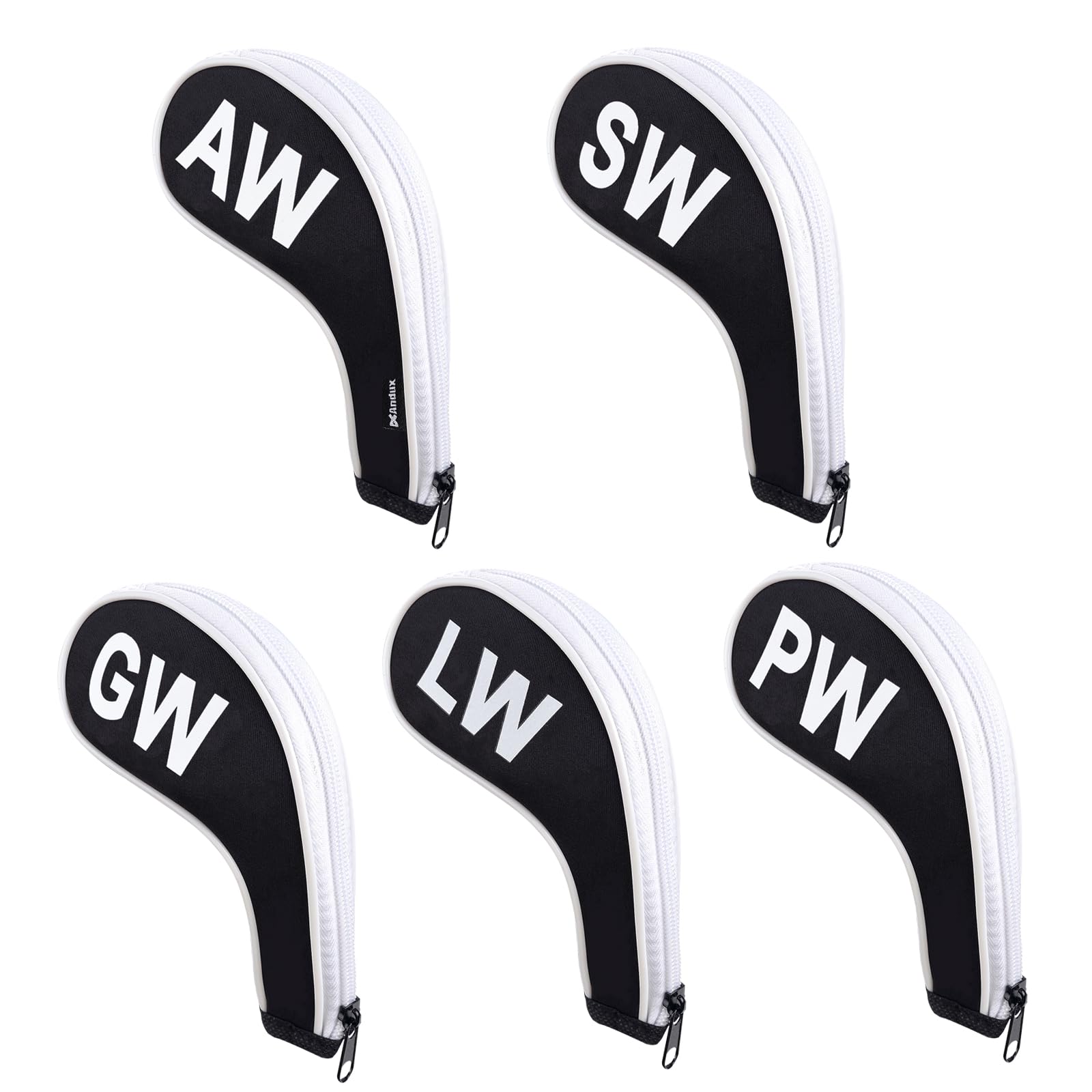 Andux 5Pack Golf Wedge Irons Club Head Covers NO. on both Sides Long Neck with Zipper MT/S18 （Black/white）