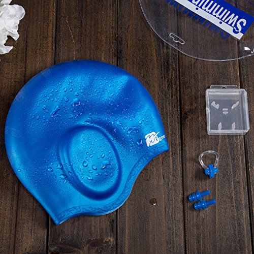 Wigoo Long Hair Swim Cap 2 Pack, 2019 Thicker Design, Waterproof Silicone Swimming Cap for Adult Woman and Men(Black+Blue)