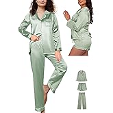 WJing Yi Jia 4Pcs Silk Satin Pajamas Sets for Women XS-XXL Silky Pajama Set Womens Pj Set Loungewear Long Pjs Soft Sleepwear