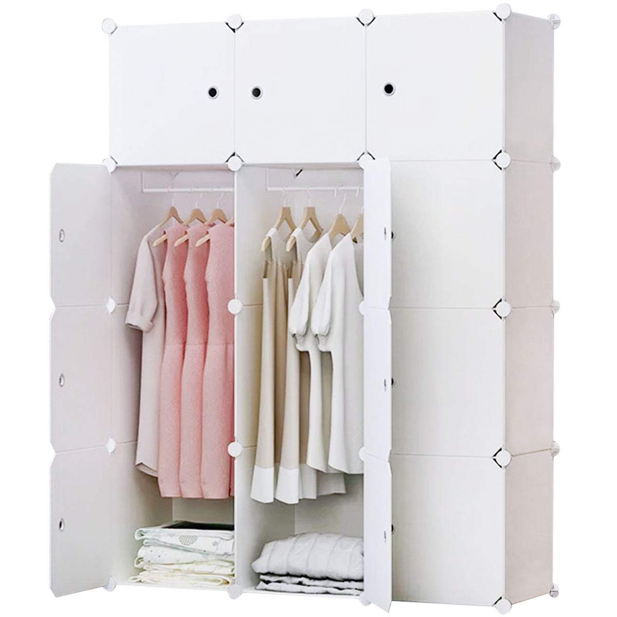 BRIAN & DANY 12 Cube Clothes Closet, Plastic Wardrobe with Doors & 2 Hangers, Deeper Cubes than Normal (45 cm vs. 35 cm) for Larger Capacity, White