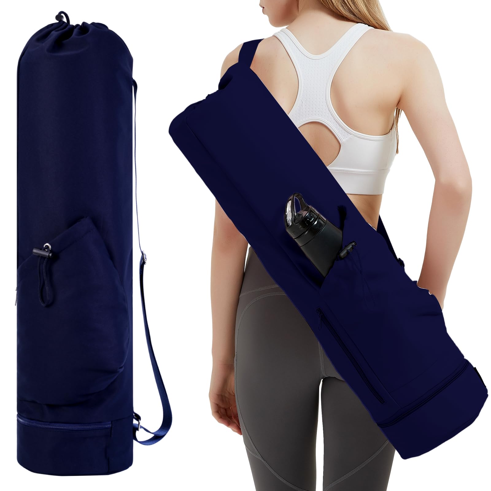 sportsnew Yoga Mat Bag Large with Adjustable Carry Strap Pilates Bag with Bottle Pocket and Wet Compartment, Navy Blue (Patent Pending)