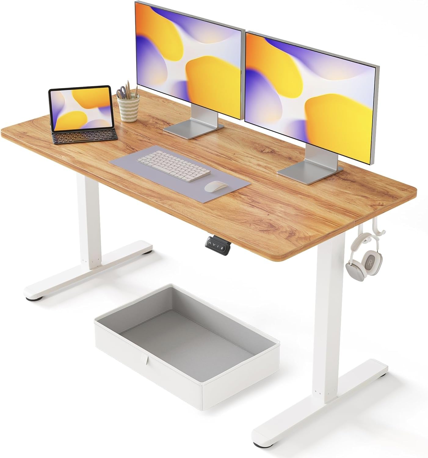 FEZIBO 55 x 24 Inches Standing Desk with Drawer, Adjustable Height Electric Stand up Desk with Storage, Sit Stand Home Office Desk, Ergonomic Computer Desk, Light Rustic Top Image