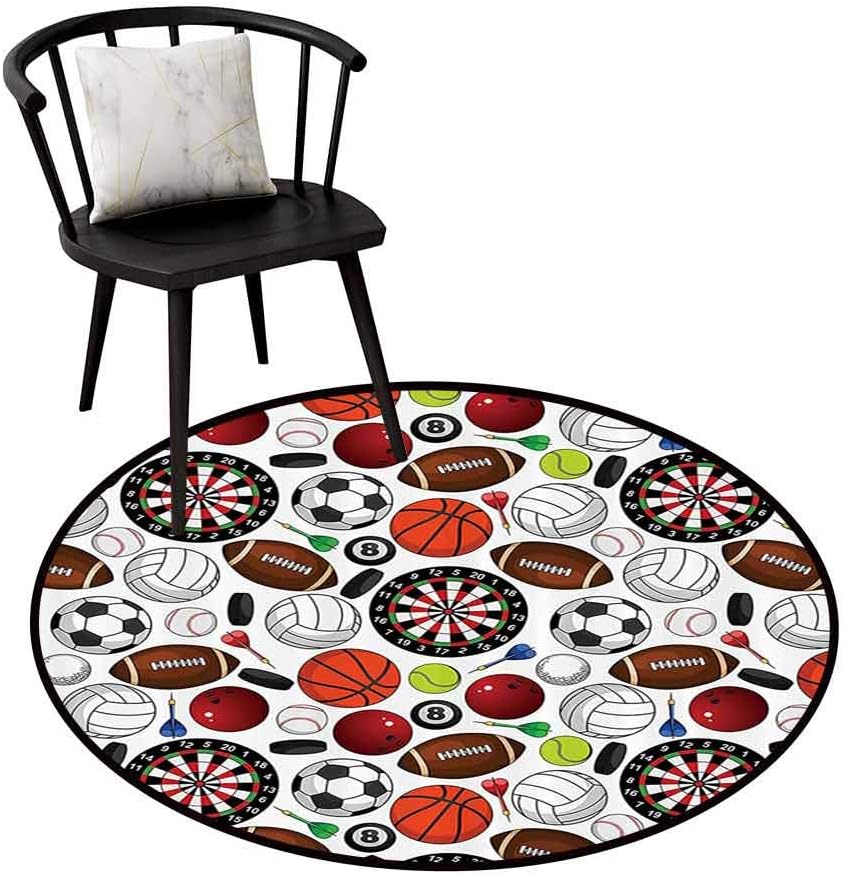 Modern Round Rug Sports Decor Collection for Bedroom Pattern with Billiards Balls Hockey Pucks Darts Arrows and Target Boards Image Orange White Burgundy D31(80cm)