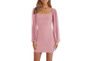 Ofenbuy Women's Mesh Long Sleeve Dress Square Neck Ruched Mini Bodycon Dress Stretch Party Cocktail Dresses