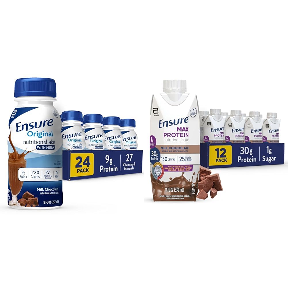 Ensure Original Milk Chocolate Nutrition Shake With Fiber | Meal Replacement Shake | 24 Pack & Ensure Max Protein Nutrition Shake with 30g of Protein, 1g of Sugar, High Protein Shake