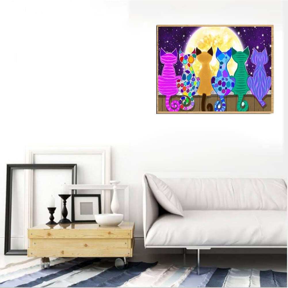 Diamond Painting 5D Full Round Drill Rhinestone Diamond Embroidery Pictures for DIY Home Art Painting Decoration A Group of Cats Watching The Moon 15.7x11.8in 1 Pack by LANSUER - Image 3