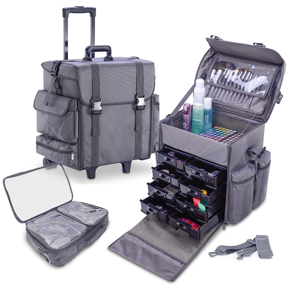 KIOTA - Professional Beauty Makeup Artist Case on Wheels, Soft Cosmetic Case with Trolley and Storage Drawers, Side Compartments and Brush Holders, ULTIMATE Series - Grey
