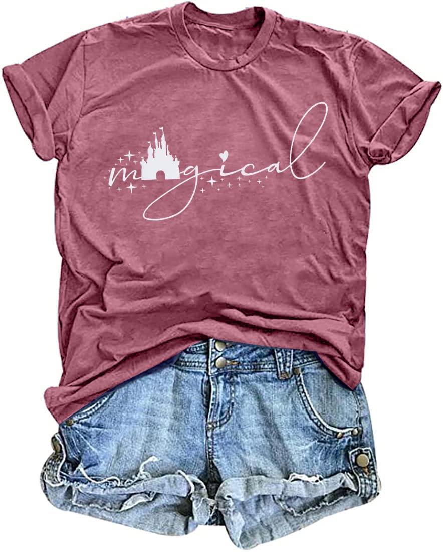 Photo 1 of Magical Shirt for Women Magic Kingdom Tshirt Family Vacation Tee Castle Graphic Short Sleeve Tops Pink