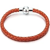 COOLSTEELANDBEYOND Orange Braided Leather Bracelet Genuine Leather Bangle Wristband with Magnetic Clasp Thin Mens Women