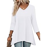 Womens Tops 3/4 Length Sleeve Blouses Dressy Casual Business Tshirts Shirts Spring Summer Outfits Beach Vacation Clothes White S