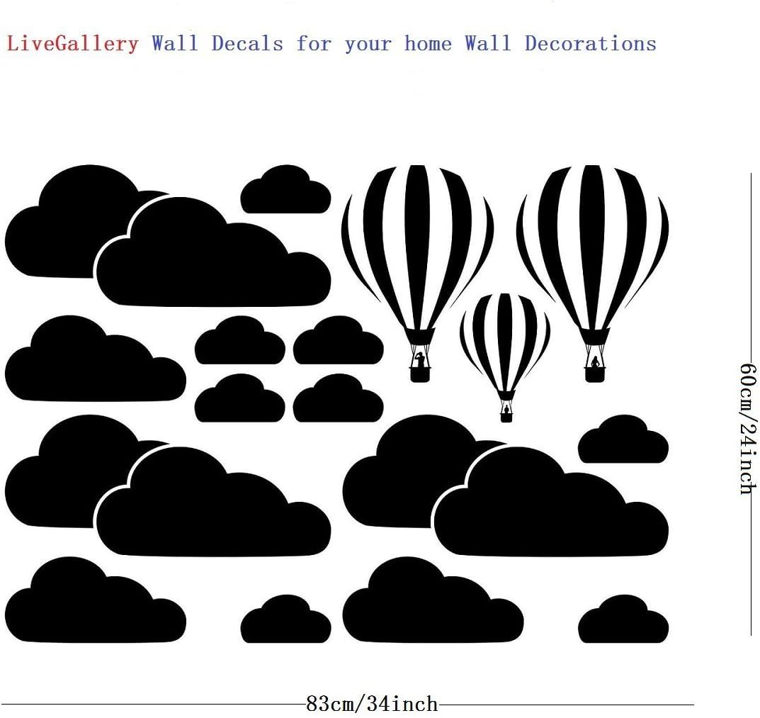 LiveGallery Giant Removable Vinyl 3D Hot air Balloons with Clouds Wall Decals DIY Wall Stickers Nursery Decor Kids Bedroom Art Decoration Girls Rooms Decal Child Sticker Home Walls Decal (Black)