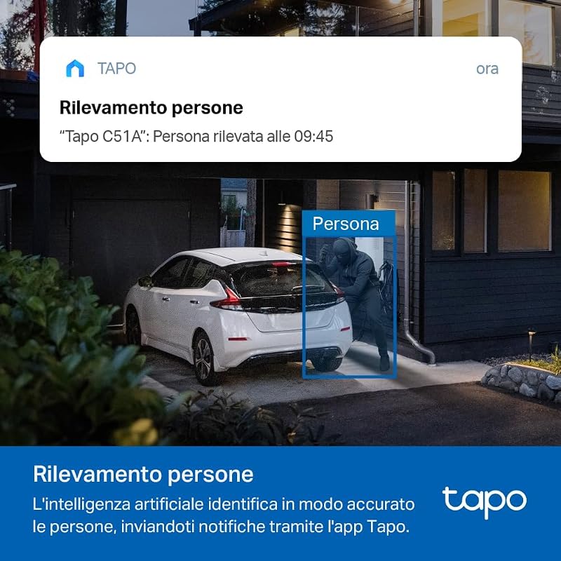Telecamera Wi-Fi Esterno Visione Notturna a Colori, 2K 3MP Telecamera WiFi 360° IP65, Videocamera Sorveglianza Esterno, Rilevamenti Smart AI, Tracciamento Intelligente, Alexa, 2.4GHz, C51A