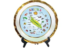 Rockin Gear Decorative Gold Rimmed Plate - Aruba Blue Map Souvenir and Gift Kitchen Plate with Display Stand 8" Inch Ceramic - Best Aruba Gift or Souvenir Collectible Idea (Aruba)