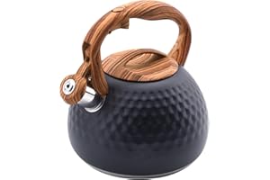 Foedo Tea Kettle Stovetop, 3.2 Qt Stainless Steel Whistling Kettle for Stove Top, Food Grade Teapot with Wood Pattern Handle for Coffee, Milk etc, Gas Electric Applicable (Black)
