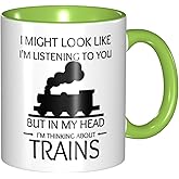 LINKEQICHE Funny Train Lover Gift Coffee Mug Present In My Head I'M Thinking About Trains Internal And Handle Green 11Oz Mug