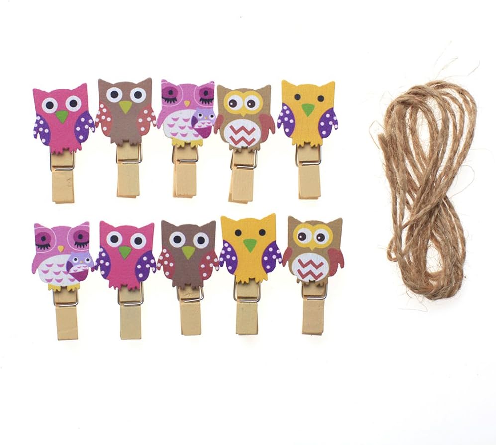 10x Chytaii Wooden Mini Pegs Clips Photo Clips Photoclips Cute Owl Design Pegs for Craft Photo Paper with String