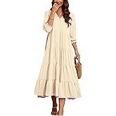 Beautiful Nomad Women's Casual V Neck Boho Dress Puff Sleeve High Waist Floral Smocked Flowy Ruffle Midi Dresses