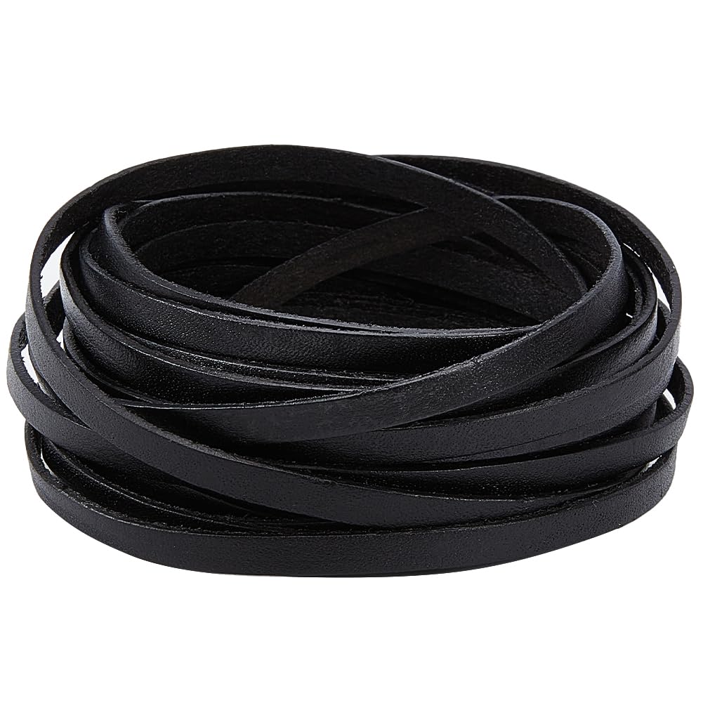 GORGECRAFT 5m Black Leather Strap Strips 5mm Wide Genuine Leather String Flat Leather Cord 1mm Thick Cowhide Rope Braiding Thread for Bracelets Necklace Jewelry Making Boot Lace DIY Crafts Workshop
