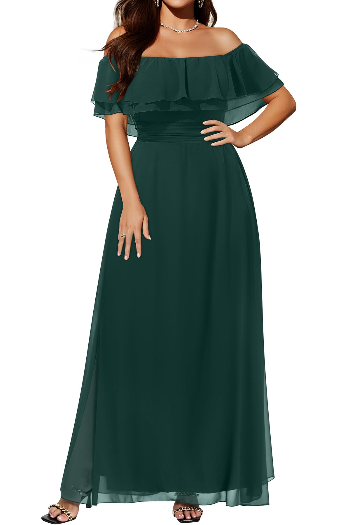 Photo 1 of ** UNKNOWN SIZE*** Women Green Dress Plus Size Bridesmaid Maxi Off The Shoulder Formal Gowns Evening Long Slit Ruffle Sleeve Flowy Dress