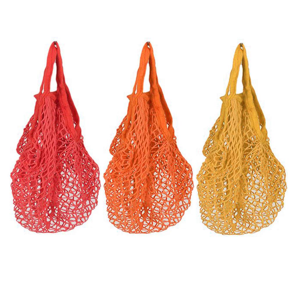 3 Pack Reusable Cotton Mesh String Bags with Handles Net Bags Grocery Shopping Tote Bags Organic Organizer Shopping Handbags for Shopper Produce Storage Beach Toys Fruit Vegetable A