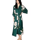 Daiwor Kout Silk Satin Robe for Women Long Japanese Kimono Robe Lightweight Soft Bathrobe Floral Luxury Dressing Gown