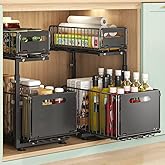 Under Sink Organizer with Adjustable Height, 2 Tier Pull Out Cabinet Design, Sliding Sink Shelf for Enhanced Storage Capacity, Counter Organizer Storage for Kitchen & Bathroom, Black, 2 Pack