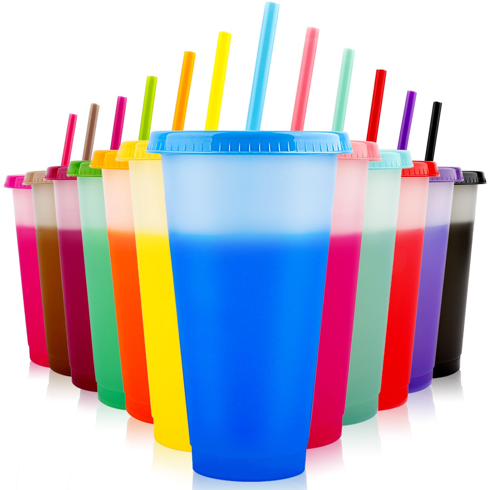 EASEVE 12 Pack 24oz Colour Changing Cups Tumblers with Lids & Straws - Reusable Plastic Cups Iced Coffee Cup Cold Water Party Tumbler for Adults Travel Mugs for Drinks