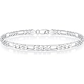BRIJEWNES 925 Sterling Silver Clasp 4/5mm Figaro Chain Bracelets for Men Women Solid Diamond Cut Figaro Chain Mens Bracelet Chain Bracelets for Men Jewelry Men Gifts