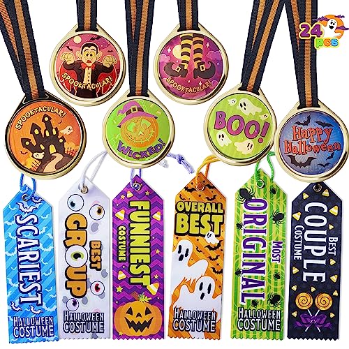 JOYIN 24 PCS Halloween Medals Trophies with Ribbons for Kids Children Party Award Celebration and Spooky Contest Rewards, Halloween Party Favors Supplies for Carnival Game Prizes