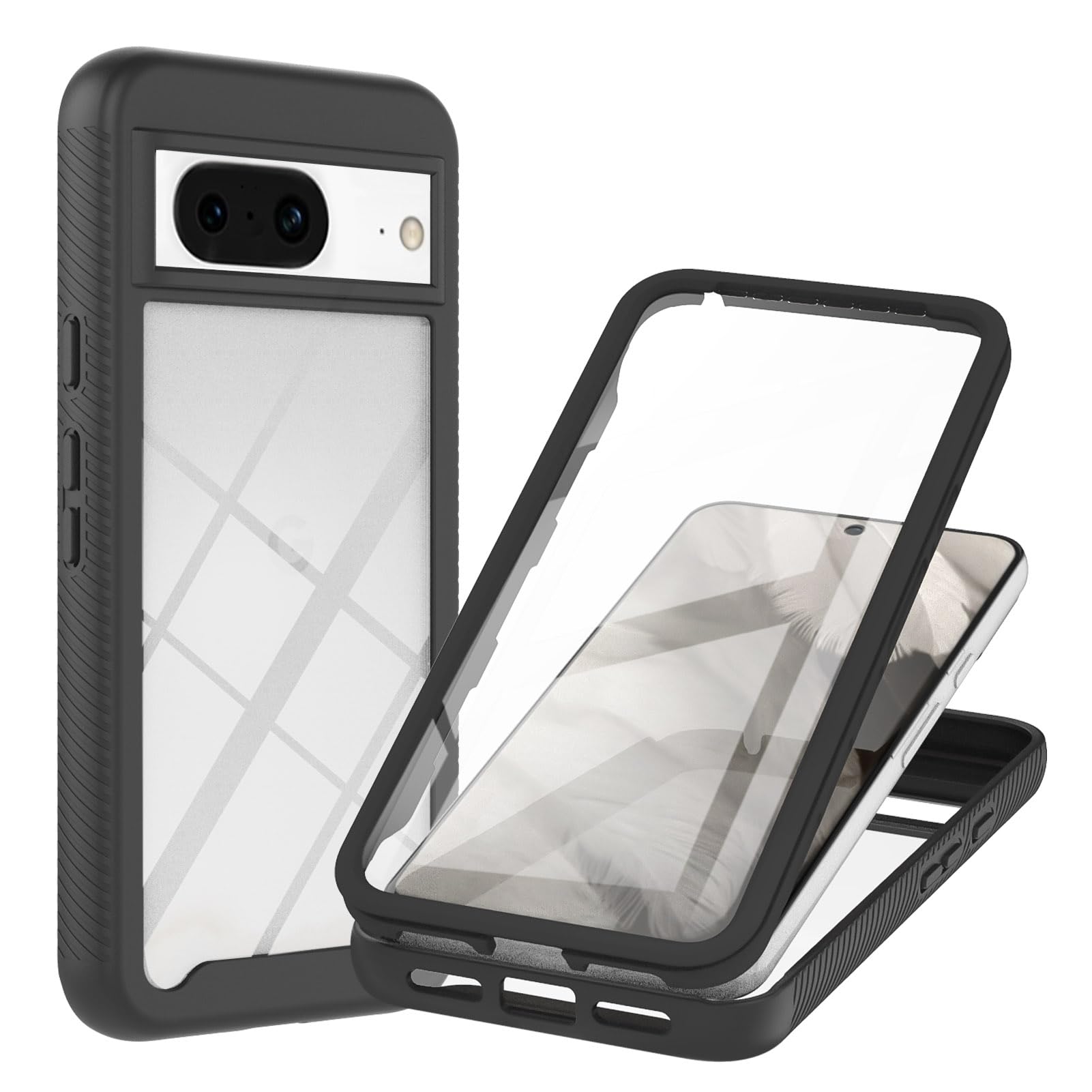Sawiqpd Google Pixel 8 Case with Built-in Screen Protector, 360 Full Body Protective Cover Heavy Duty Anti-Scratch Shockproof Slim Silicone Bumper Clear Phone Case for Pixel 8 5G (Not 8 Pro), Black — image 1