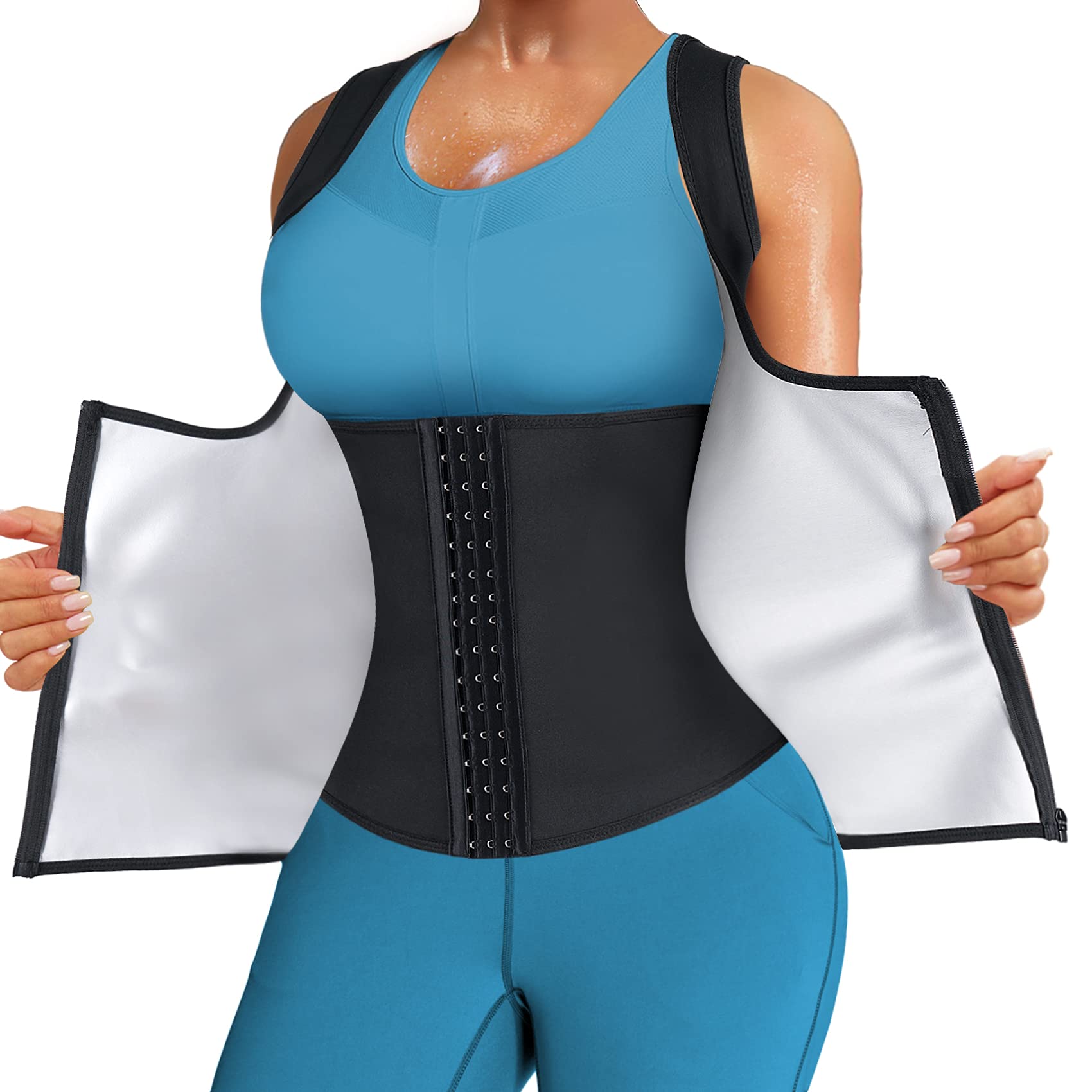 Photo 1 of LANCS Sauna Suit for Women Sweat Waist Trainer Zipper Vest Cincher Body Shaper Corset Slimming Workout Tank Tops (Black, Medium)