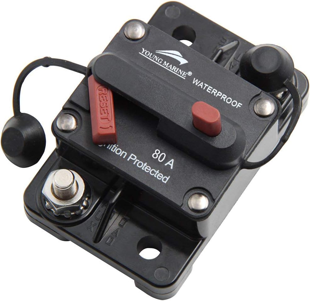 Young Marine Circuit Breaker for Boat Trolling with Manual Reset,Water Proof,12V- 48V DC (Surface Mount-80A)