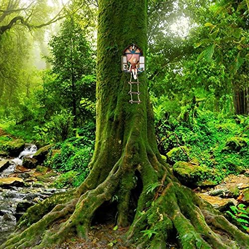 Fairy tree sculpture in a backyard setting.