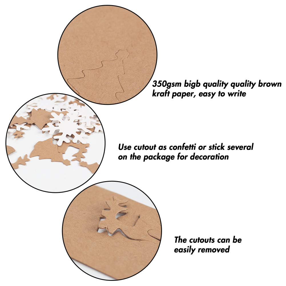 HAKACC Weihnachten Etiketten Anhänger, 150 Stück Geschenkanhänger Kraftpapier Tags Anhängeschilder mit Schnur für Dekorieren von Weihnachtsbaum, handgemachte Arbeit