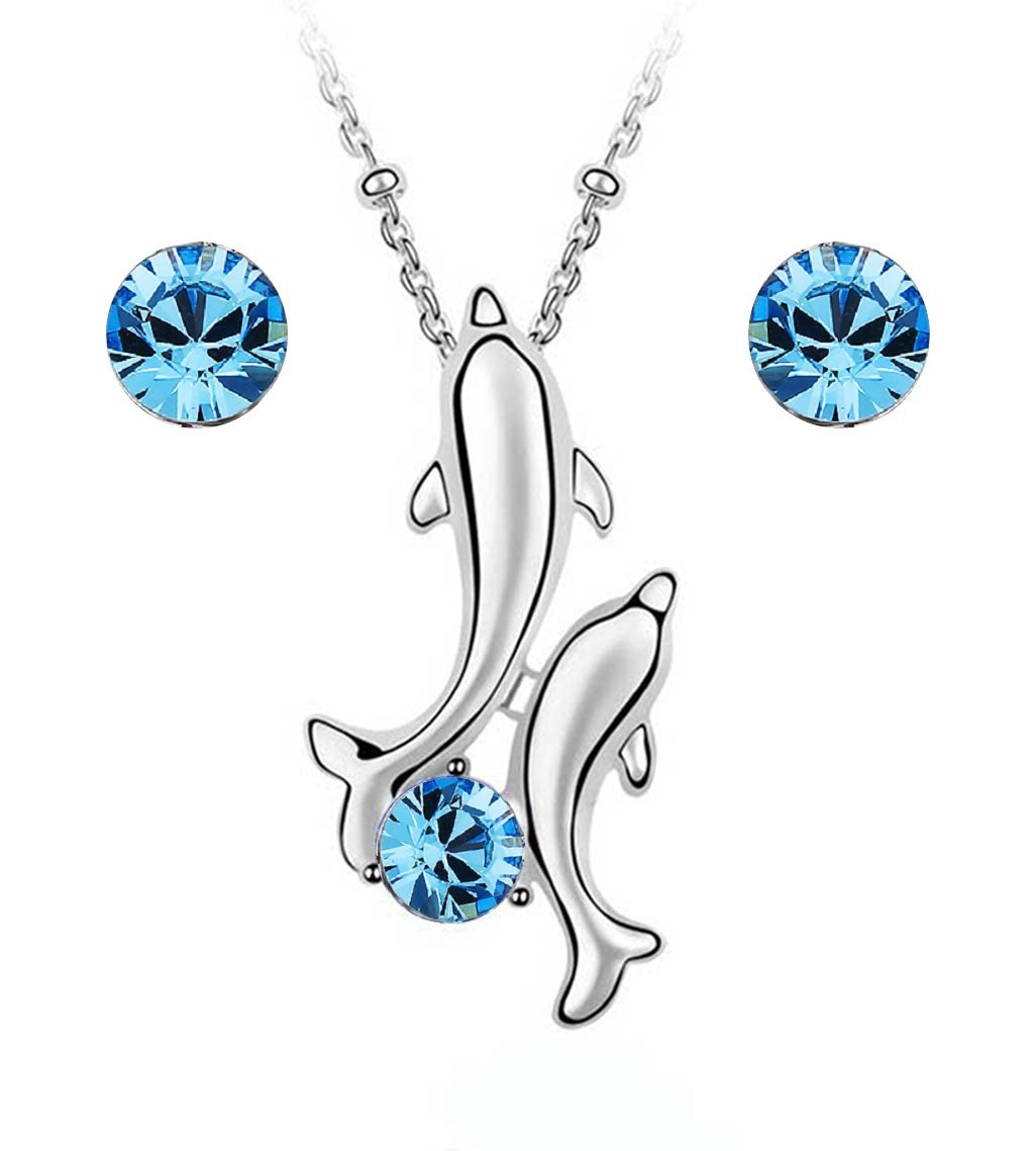Crystalline Azuria Women Girls 18ct White Gold Plated Blue Simulated Aquamarine Crystals Jewellery Set Dolphin Pendant Necklace Stud Earrings