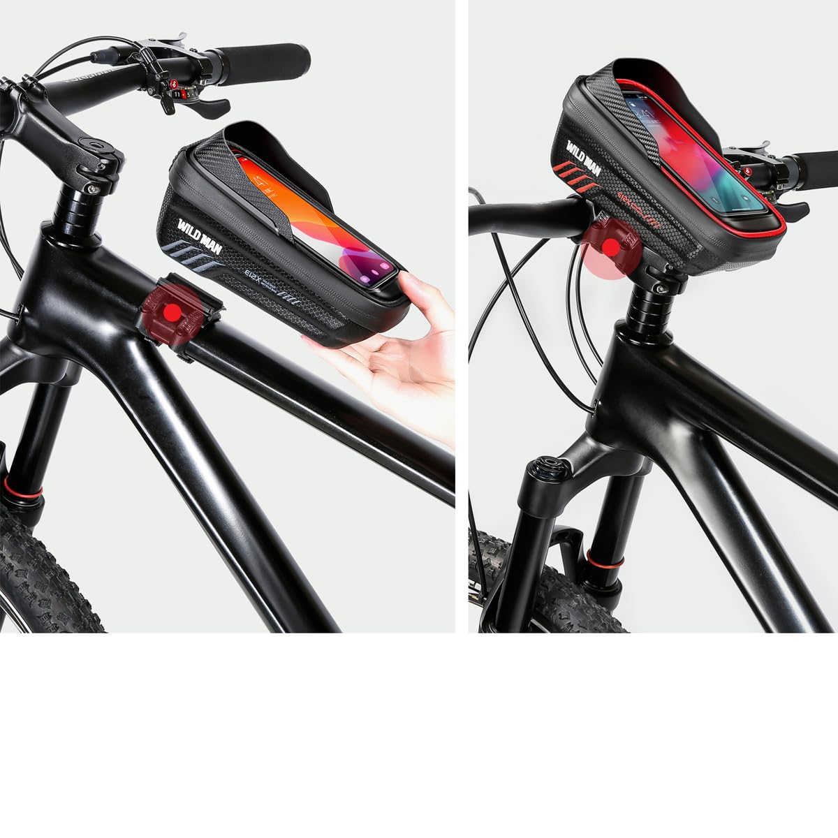 Bike Handlebar Bag, Bike Phone Mount, Waterproof Bicycle Front Top Tube Pouch Pannier Cycling Frame Bag Bike Phone Holder Stand for iPhone 12 11 Pro Max XS XR X 8 6 Plus Samsung Smartphone Below 6.5''