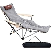 Reclining Camping Chair with Removable Footrest, 4-Position Adjustable Lightweight Folding Lounge Beach Chair with Cotton Cushion, Cup Holder & Storage Pouch for Outdoor(330lbs Capacity), Beige