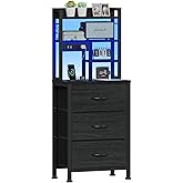 Furnulem Tall Night Stand with 3 Fabric Drawers and LED Lights, Nightstand with Bookshelf, 45.3inch Tall Bedside Tables with USB Ports in Bedroom, Dorm, Office,Metal Frame, Wood Shelves (Black Oak)