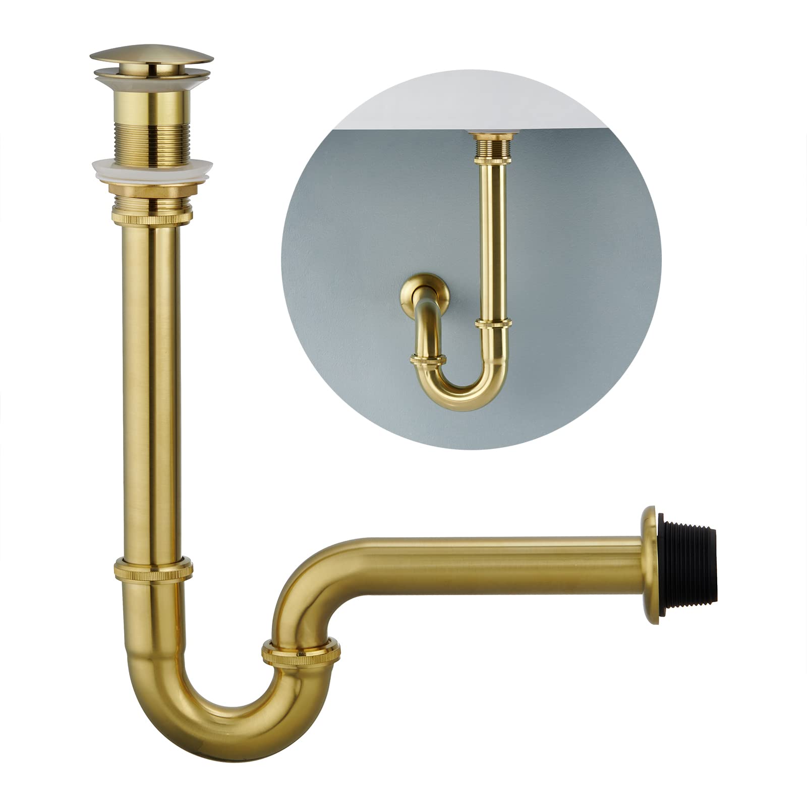 Photo 1 of Heixutas Brass P Trap with Bathroom Sink Stopper : 1-1/4 Sink Drain Bottle Trap Set No Overflow - Adjustable Height, Brushed Gold - Complete Basin Sink Plumbing Kit for Pipe Replacement