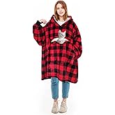Solaris Oversized Wearable Blanket Hoodie with Pet Pocket, Warm Super Soft Cozy Sherpa Sweatshirt Hoodie for Women Men, Best Gift for Your Loves, Red Plaid