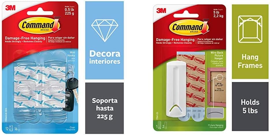 Command Mini Hooks, Transparent, Holds 225 g, (6 hooks, 8 strips), No Drilling, Holds Strong, No Wa & Wire-Back Plastic Picture Hanger, Holds 2.2kg, No Drilling, Holds Strong, No Wall Damage (1 Combo)