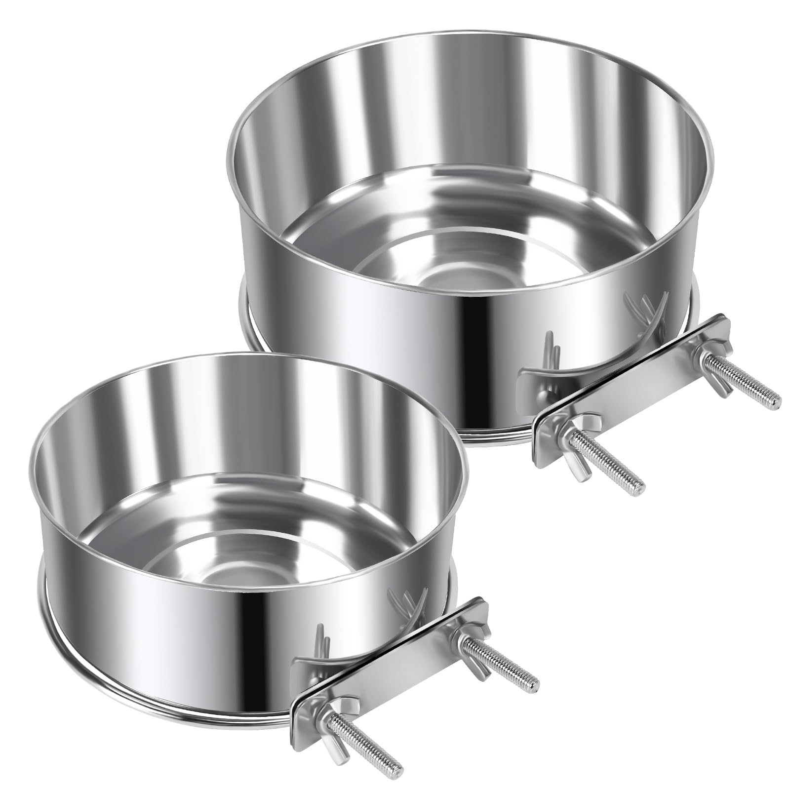 Photo 1 of 2 Pcs Large Pet Dog Food Water Bowl for Cage Stainless Steel Non-Spill Kennel Hanging Cats Bowls with Clamp Holder Crate Feeder Dish for Medium Large Dogs Huge Pets (7.1x2.5'' & 6.3x2.4'')