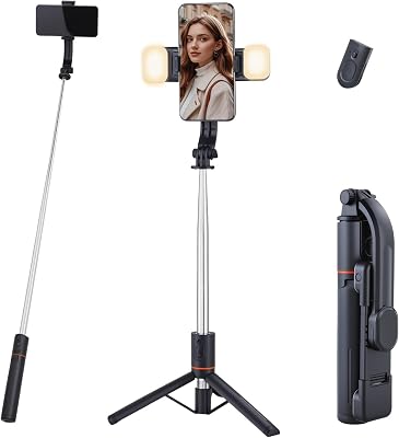 Perche à Selfie Trépied avec 2 Lumières, 116cm Extensible Trepied Smartphone avec Télécommande sans Fil et Vis de 1/4", Trépied Téléphone Portable Compatible avec iPhone/Android/GoPro/Camera