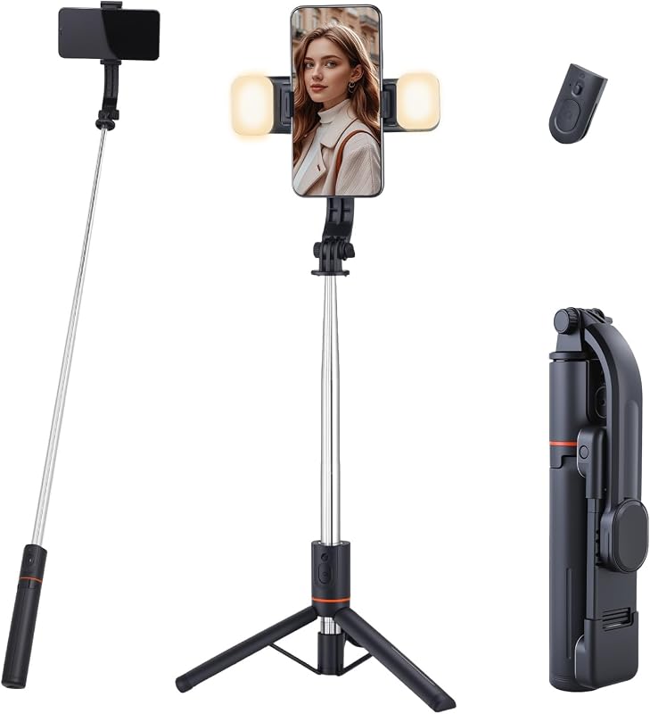 Perche à Selfie Trépied avec 2 Lumières, 116cm Extensible Trepied Smartphone avec Télécommande sans Fil et Vis de 1/4", Trépied Téléphone Portable Compatible avec iPhone/Android/GoPro/Camera