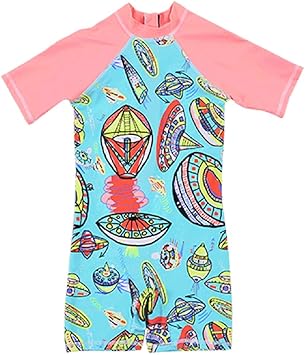 Amazon Pullic キッズ 子供用 ショート ワンピース 水着 キッズ 宇宙船 パターン 日焼け止め ウェットスーツ ウォータースポーツ用 スカイブルー ピンク Pullic ダイビング シュノーケリング