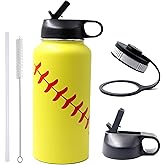 32 oz Softball Water Bottle, Wide Mouth Sports Flask Metal Travel Tumbler with 2 Lids, Stainless Steel Double Wall Vacuum Insulated Leak Proof Thermo Water Bottles, Softball Stuff Gifts for Mom Girls