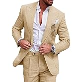 UNINUKOO Linen Suit for Men Summer Wedding 2 Piece Suit Set Peak Lapel Casual Blazer Pants Beach Wear for Men