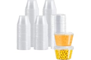 Slomg 100 PCS Plastic Portion Cups with Lids, 4 oz Clear Disposable Salad Dressing Containers for Meal Prep Snack Pudding, Small Leakproof Souffle Jelly Shot Cups Condiment Dipping Sauce Cups